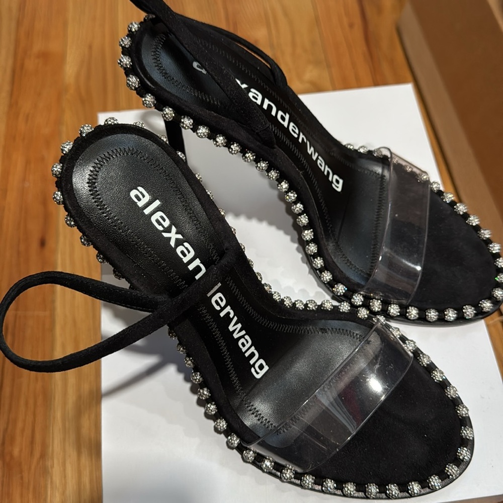 ALEXANDER WANG NOVA CRYSTAL BLACK HEELS Studded Slingback Sandals - Picture 6 of 9
